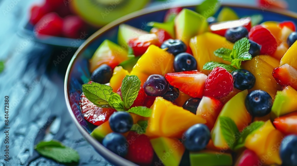 A colorful and refreshing fruit salad featuring a variety of fresh seasonal fruits, a healthy and delicious option for breakfast or dessert A colorful and refreshing fruit salad featuring a variety of fresh seasonal fruits, a healthy and delicious option for breakfast or dessert