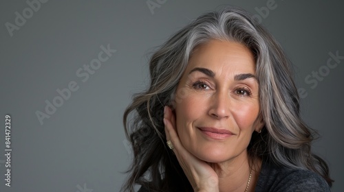 Beautiful mature woman with glowing skin from effective anti-aging treatments, on a grey background, with copy space, highlighting her confidence and commitment to self-care