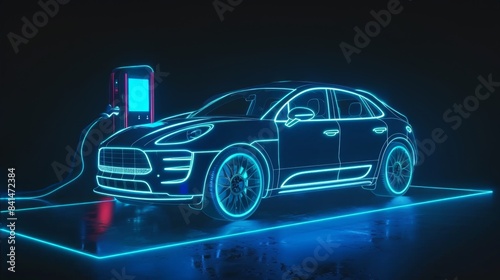 A holographic digital glowing blue electric car charging station