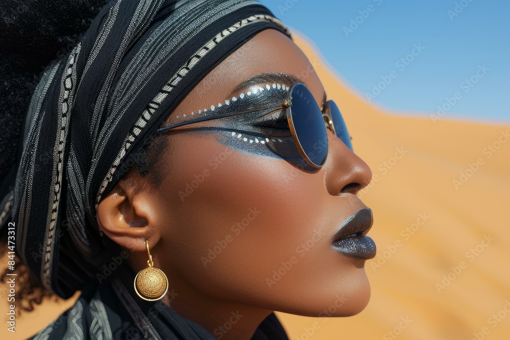 Close-up of a stylish woman in headscarf and sunglasses with desert backdrop Close-up of a stylish woman in headscarf and sunglasses with desert backdrop