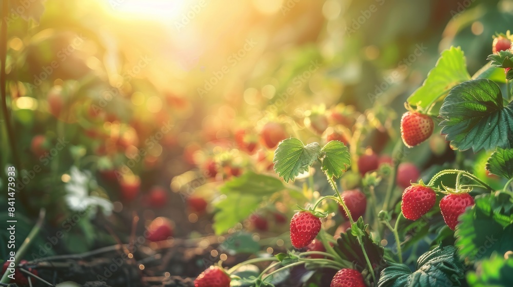 Obraz premium A bountiful strawberry field under bright sunlight displaying ripe, red strawberries ready for harvest