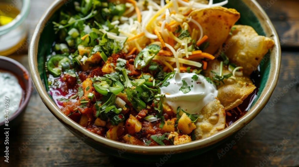 A colorful bowl of spicy and tangy chaat, featuring crunchy samosas, crispy puris, tangy chutneys, yogurt, and a medley of spices, a beloved Indian street food snack