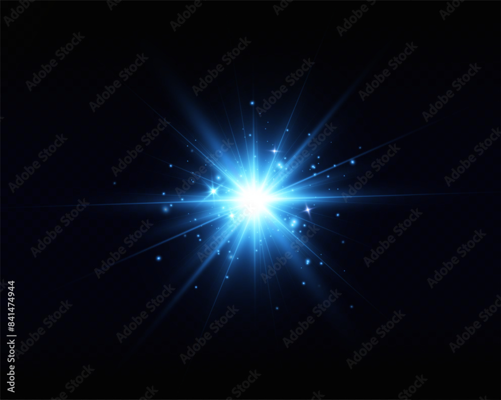 Fototapeta premium Bright particles, burning blue lights, stars, lasers. Vector.