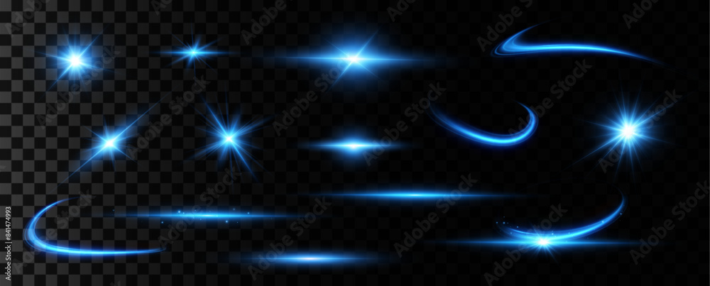 Obraz premium Bright particles, burning blue lights, stars, lasers. Vector. 