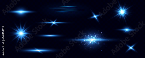 Bright particles, burning blue lights, stars, lasers. Vector.  © blagorodez