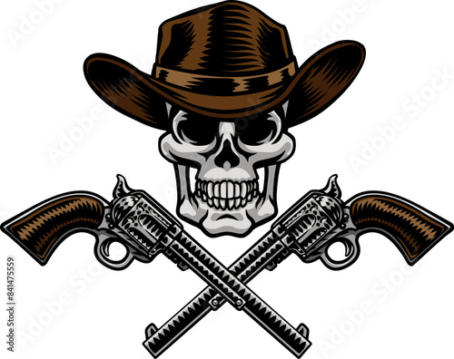 A cowboy grim reaper skull wearing a country or western style hat with pirate cross bones of guns or pistols old vintage revolvers
