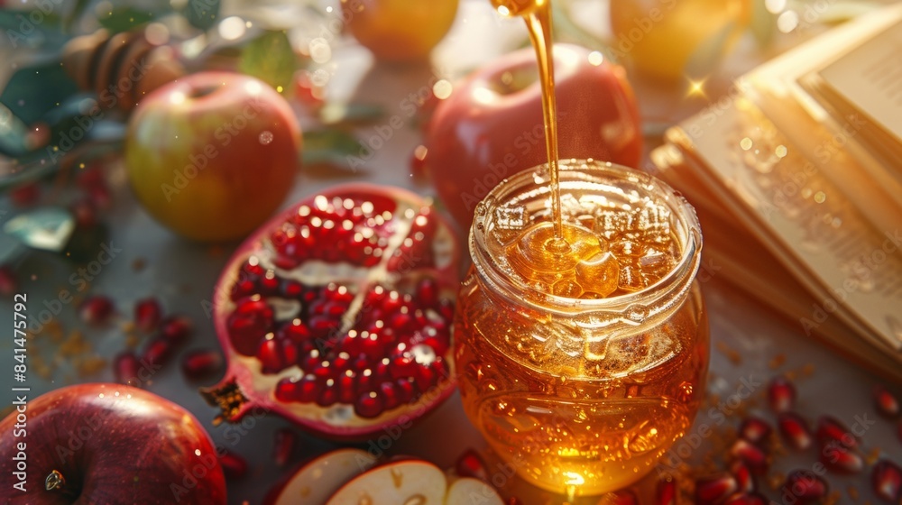 Bright, ultra-realistic view of Rosh Hashanah elements: honey jar with dipper, fresh apples, pomegranate Bright, ultra-realistic view of Rosh Hashanah elements: honey jar with dipper, fresh apples, pomegranate