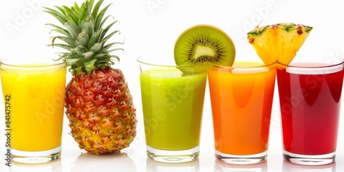 A vibrant arrangement of fresh fruit juices with pineapple and kiwi slices, against a bright, clean background.