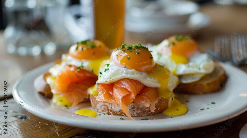 A cozy brunch scene with eggs benedict served on toasted English muffins, topped with smoked salmon and hollandaise sauce A cozy brunch scene with eggs benedict served on toasted English muffins, topped with smoked salmon and hollandaise sauce