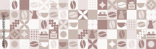 Coffee seamless background for textile and wallpaper with geometric shapes and coffee beans. Fashionable splash template with a cup in brown and green tones.
