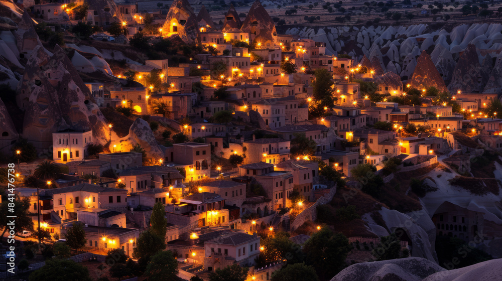 Goreme city in Cappadocia illuminated at night with cave houses Goreme city in Cappadocia illuminated at night with cave houses
