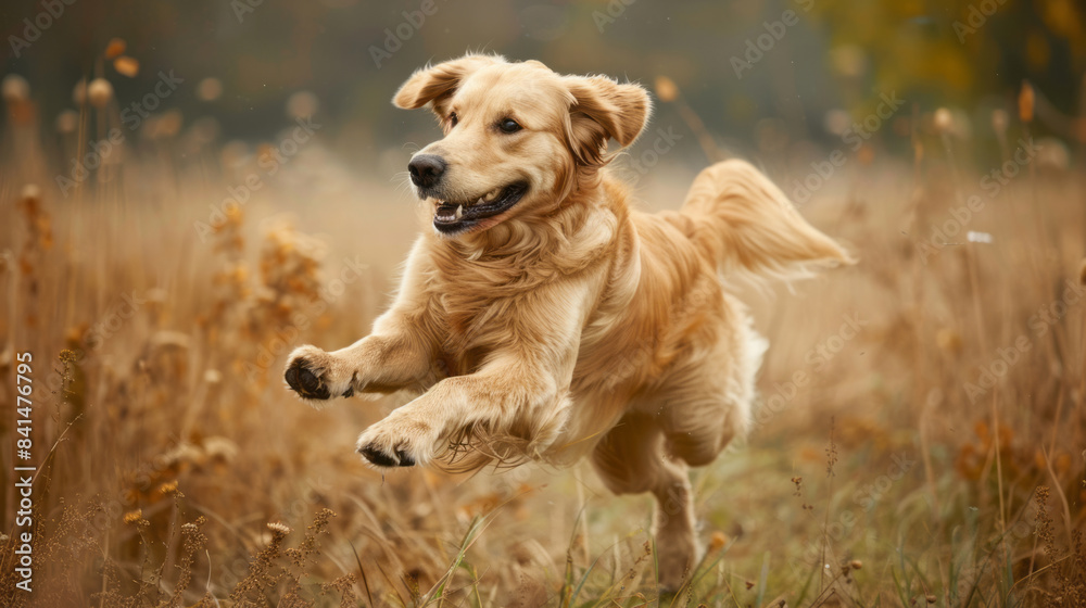 Obraz premium Golden retriever dog jumping in a grassy field on a warm day