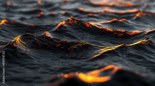 3D render of dark water with orange lava waves, high resolution, ultra realistic