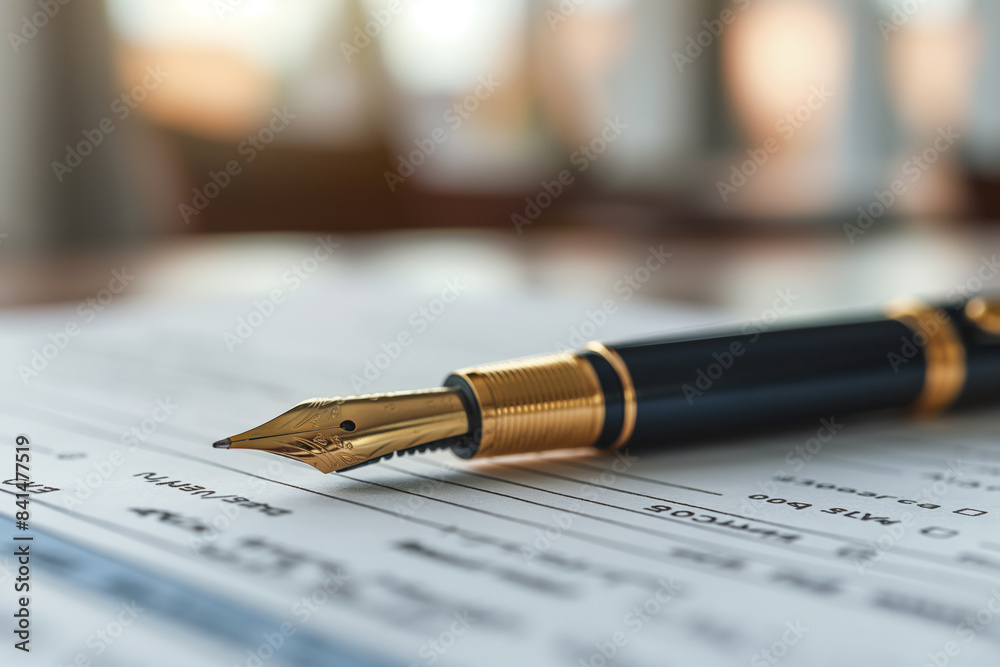 Elegant fountain pen on document close-up with shallow depth of field Elegant fountain pen on document close-up with shallow depth of field