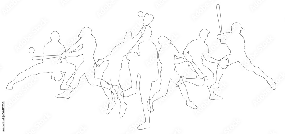 Fototapeta premium Silhouette baseball or softball player set. Active sports people healthy players fitness silhouettes concept.