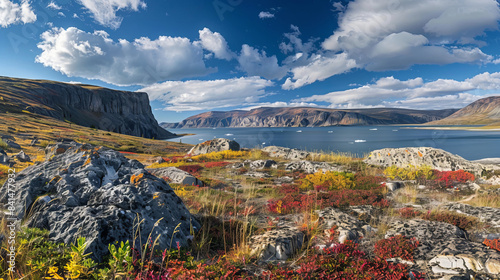 Scenic landscape of Bathurst Bay, Nunavut with vibrant autumn colors photo