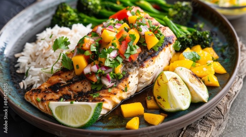 A grilled fish steak served with a vibrant mango avocado salsa, accompanied by coconut jasmine rice and grilled broccolini photo