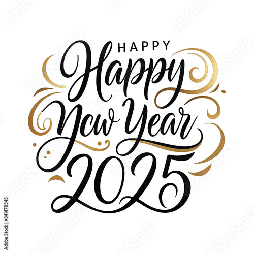 A white background with the words Happy New Year and 2025 in black calligraphy lettering with gold swirls around the text. Generative AI
