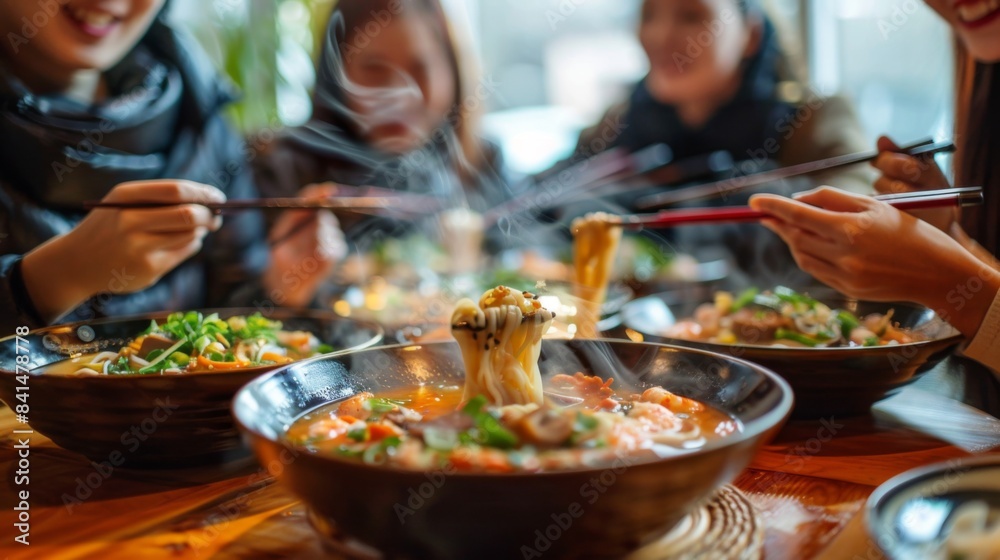 A group of diners sitting around a table, savoring bowls of hot tom yum soup, with steam rising and smiles of satisfaction on their faces A group of diners sitting around a table, savoring bowls of hot tom yum soup, with steam rising and smiles of satisfaction on their faces