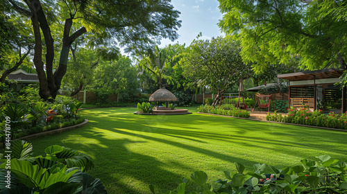 A large home lawn with a play area for children, mature trees providing shade, and a vegetable garden. © Arisha