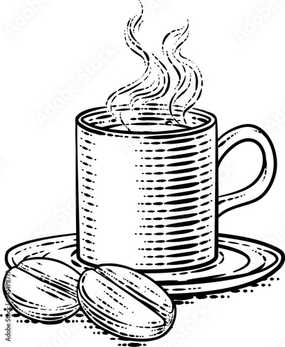 Coffee beans and cup in a vintage retro woodcut engraved illustration style.