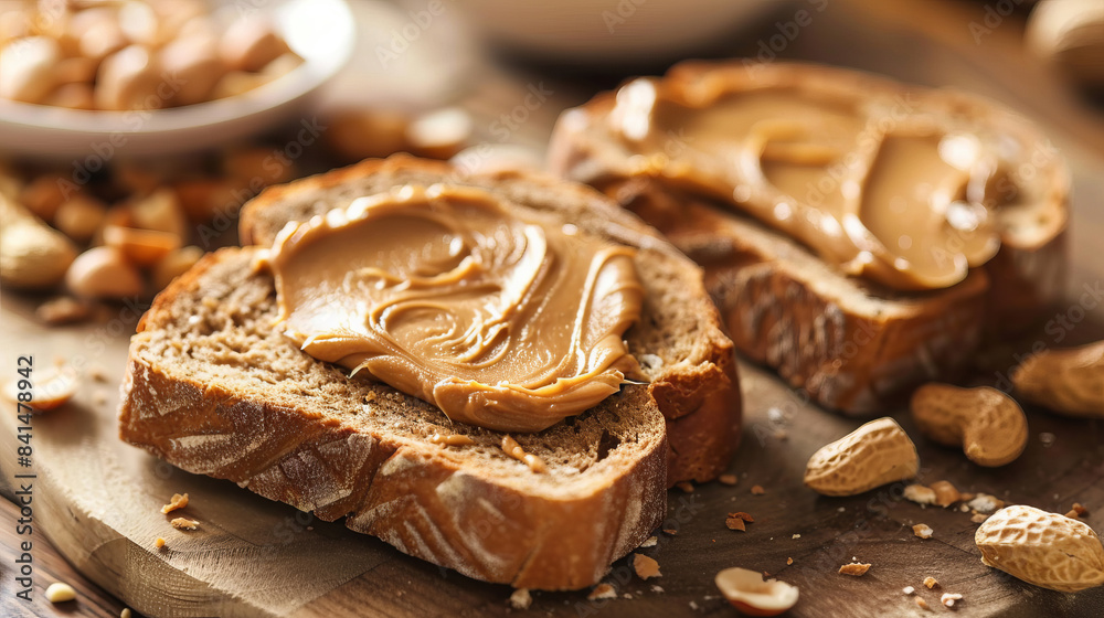 Peanut butter spread on rye bread for a healthy breakfast Peanut butter spread on rye bread for a healthy breakfast