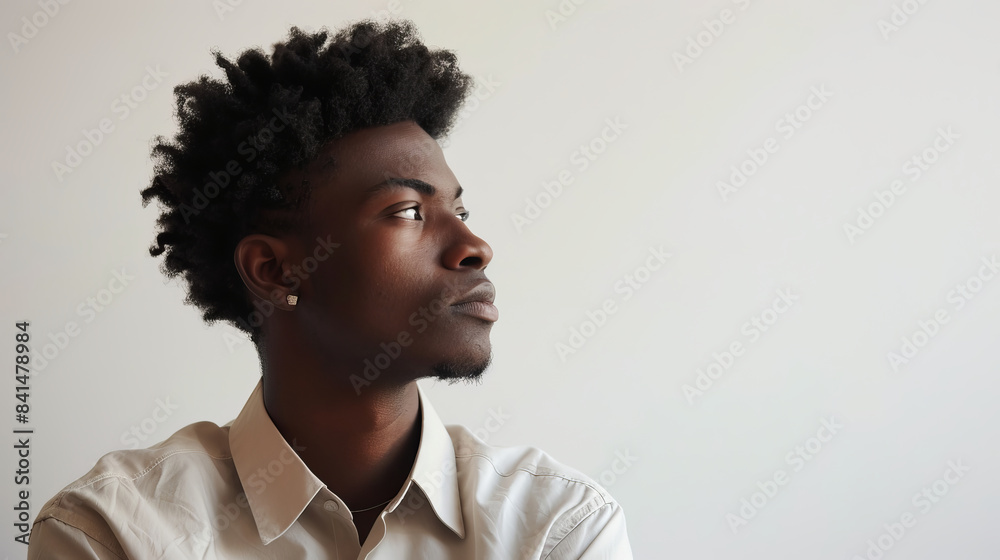Pensive young man in white shirt looking away in thought Pensive young man in white shirt looking away in thought