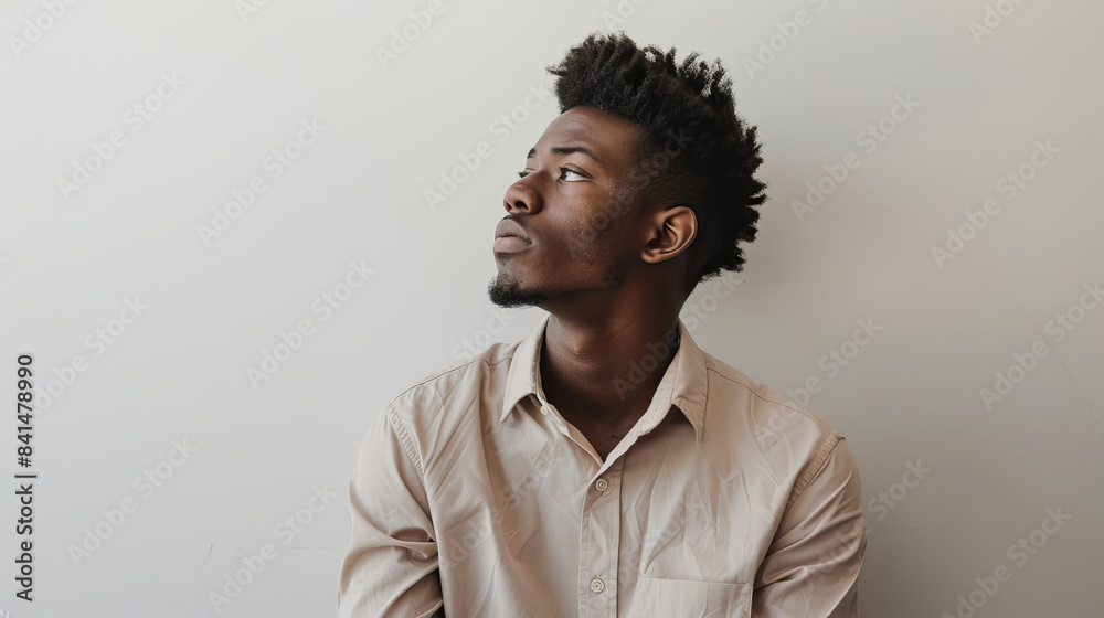 Obraz premium Pensive young African American man in light beige shirt
