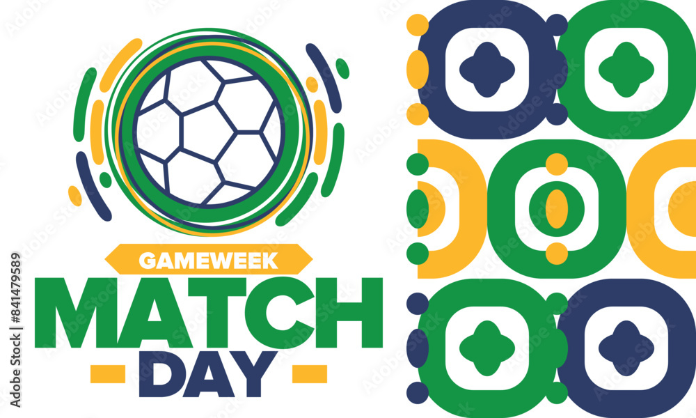 Soccer Match Day. Game day. Fooball pitch and ball. World championship and european cup. League playoff, final of regular season. Sport poster. Vector illustration Soccer Match Day. Game day. Fooball pitch and ball. World championship and european cup. League playoff, final of regular season. Sport poster. Vector illustration