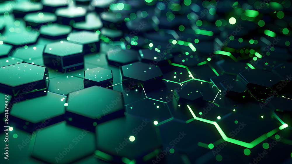 Fototapeta premium 3D render. Abstract background with green glowing hexagons on a dark blue canvas 