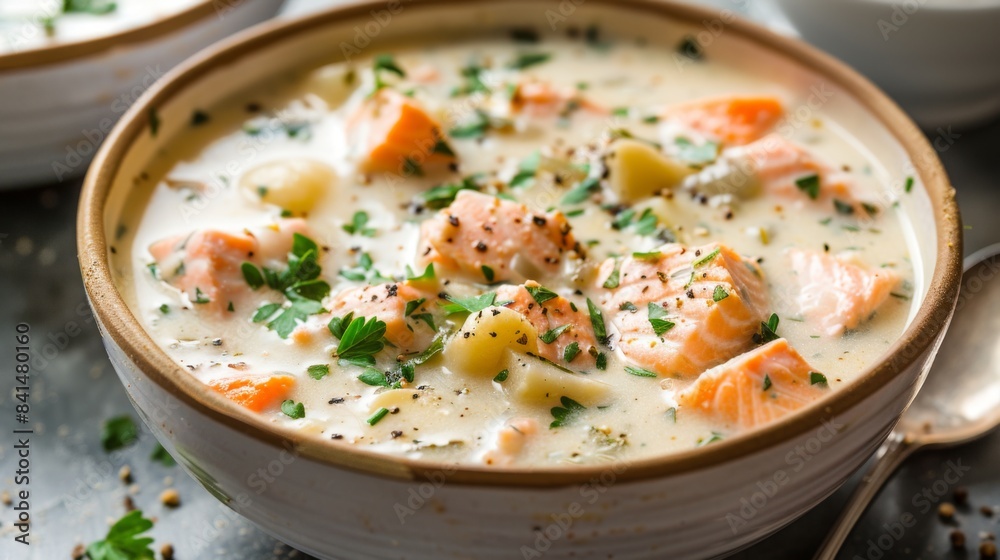 A homemade bowl of creamy salmon chowder, filled with chunks of tender fish, potatoes, and vegetables, perfect for a comforting meal on a chilly day A homemade bowl of creamy salmon chowder, filled with chunks of tender fish, potatoes, and vegetables, perfect for a comforting meal on a chilly day