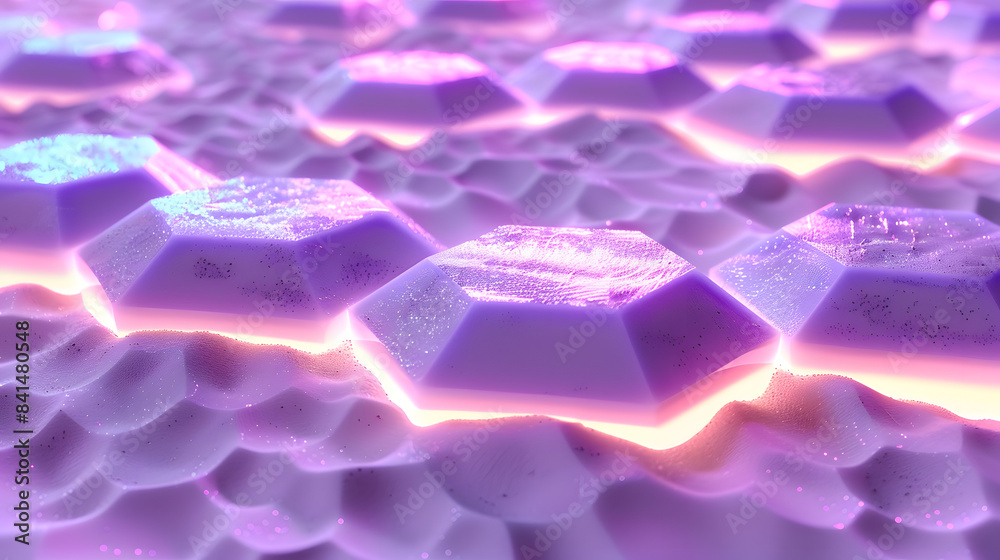 Fototapeta premium 3D render. Abstract background with purple glowing hexagons on a white sand texture. 