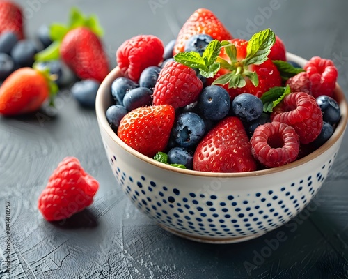 Overflowing Bowl of Mixed Fresh and Juicy Berries on Rustic Wooden Background