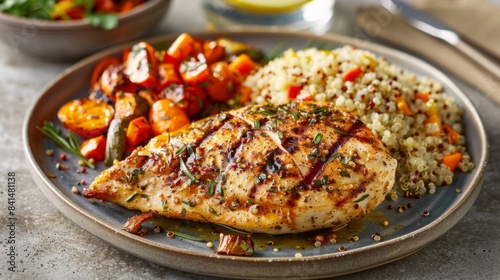 A juicy chicken breast steak marinated in a zesty lemon herb sauce, grilled to tender perfection, and served with a side of quinoa and roasted vegetables
