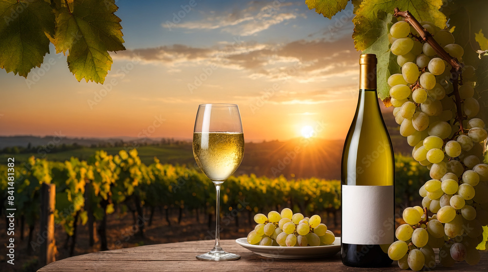 Fototapeta premium White wine bottle mock up on vineyard landscape in the sunshine, cope space and place for logo. Generated AI