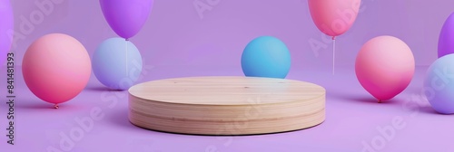 Mminimal wooden pedestal for product presentation in solid colour background, fullcolour balloon around. photo