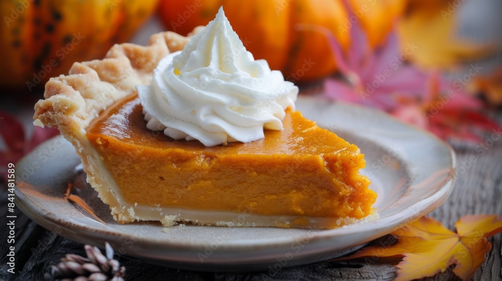 A slice of pumpkin pie with whipped cream on a plate A slice of pumpkin pie with whipped cream on a plate