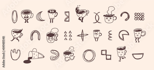 Set of retro doodle funny coffee characters and geometric shapes and doodles posters. Latte, cappuccino, coffee cup mascot. Nostalgia 70s, 80s. Print design for cafe