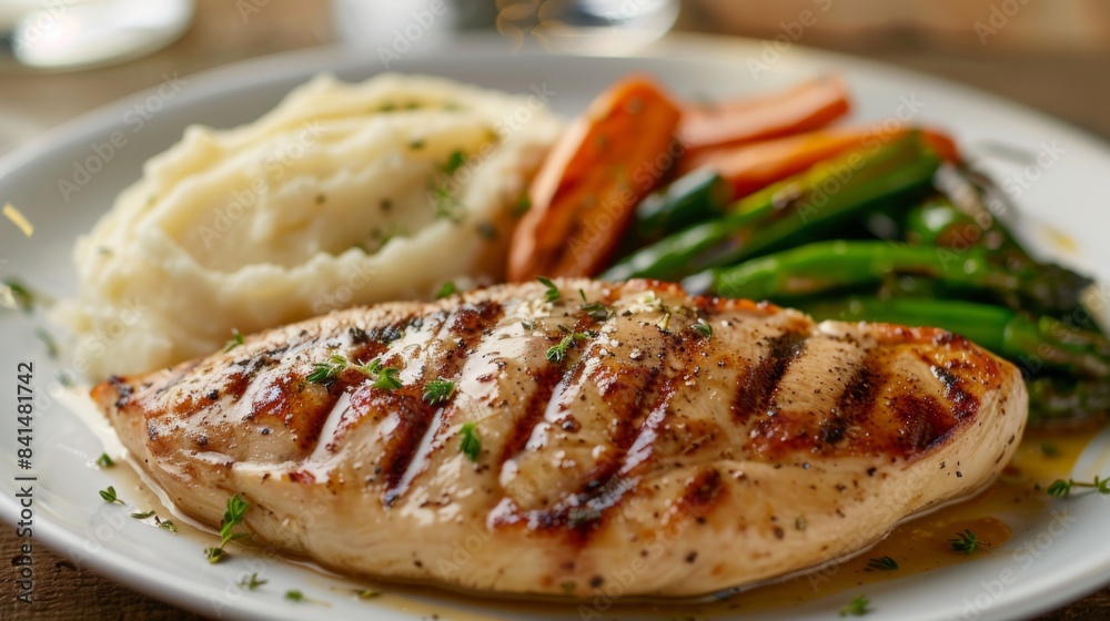 A mouthwatering chicken steak seasoned with herbs and spices, grilled to juicy perfection, served with a side of creamy mashed potatoes and steamed vegetables A mouthwatering chicken steak seasoned with herbs and spices, grilled to juicy perfection, served with a side of creamy mashed potatoes and steamed vegetables