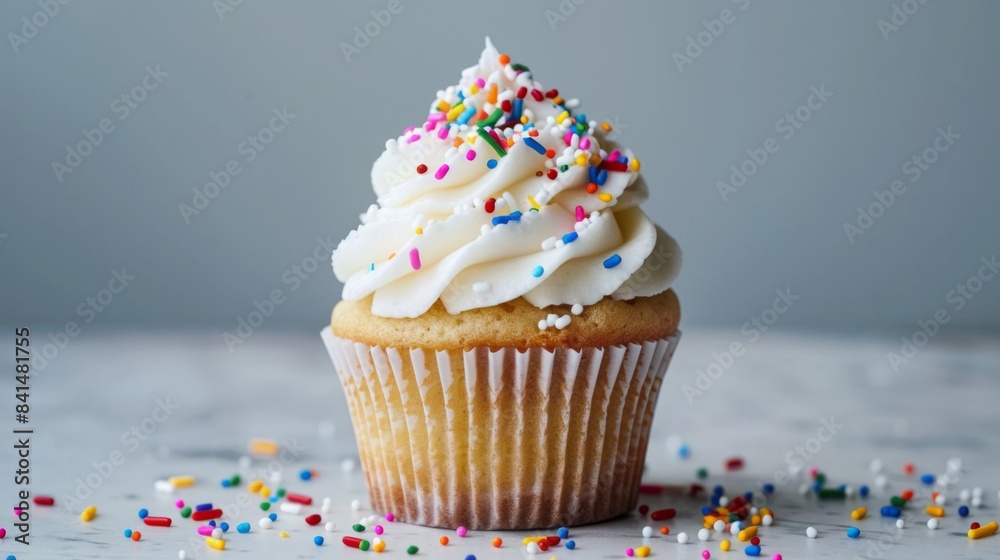 A cupcake with white frosting and sprinkles on top A cupcake with white frosting and sprinkles on top