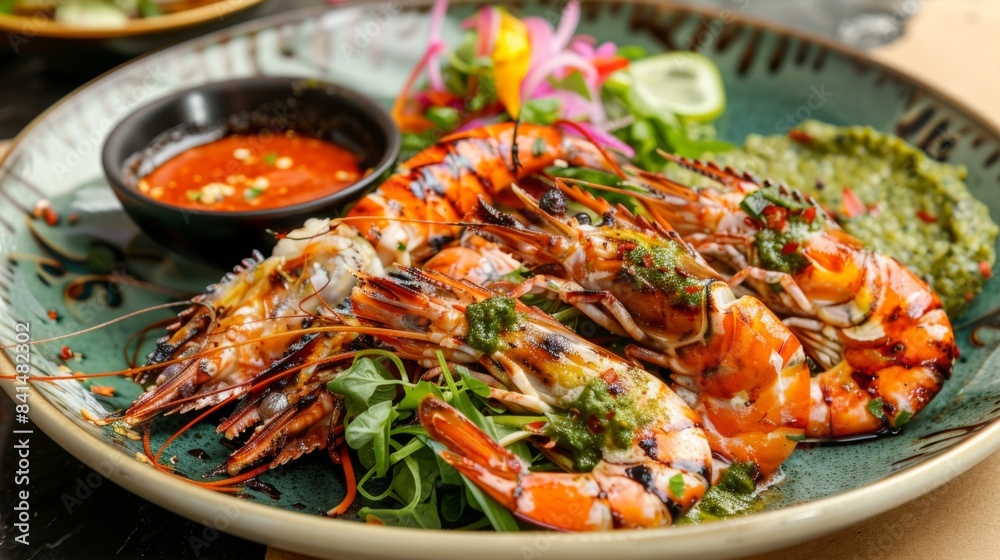 A mouthwatering plate of grilled river prawns, seasoned with herbs and spices, served alongside a colorful salad and dipping sauces A mouthwatering plate of grilled river prawns, seasoned with herbs and spices, served alongside a colorful salad and dipping sauces