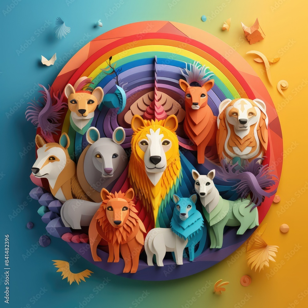 Naklejka premium Colorful paper cutout illustration of various animals within a circle, featuring a vibrant rainbow background and intricate details.