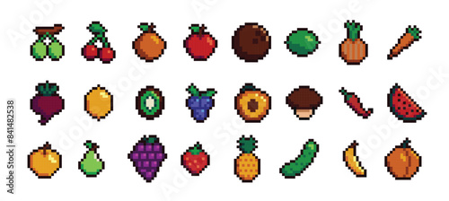 Retro pixel art food isolated icons with 8bit pixel fruits and vegetables. Vintage 8 bit console game asset, computer arcade vector items set with berries and exotic fruits