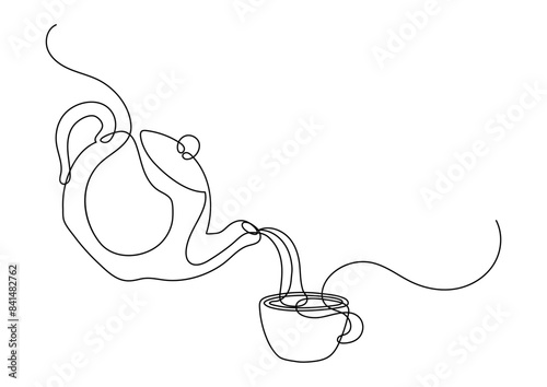Teapot pouring tea to cup. Continuous line drawing.
