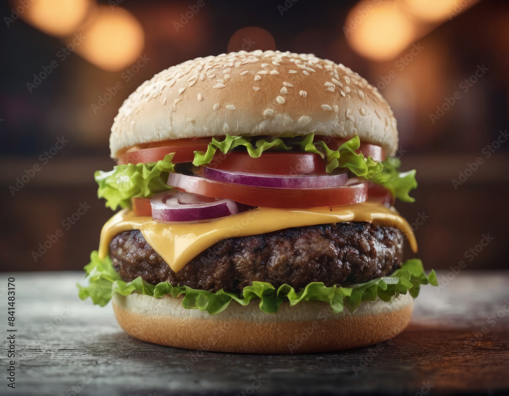 Un hamburger classico con ketchup, senape e sottaceti.
Un hamburger classico con ketchup, senape e sottaceti.