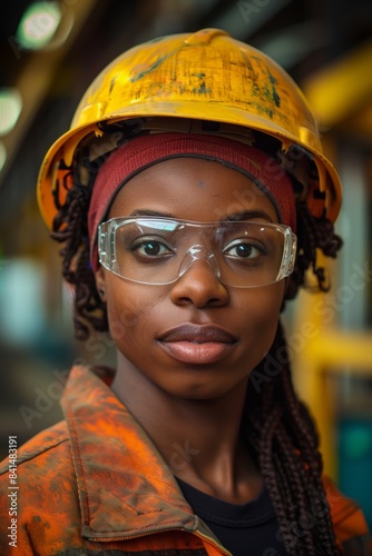 an african american lady wearing a hard hat, safety glasses in a factory setting