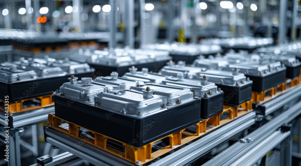 Electric vehicle battery cells are assembled on a mass production line. Generative AI. Electric vehicle battery cells are assembled on a mass production line. Generative AI.