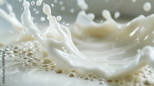 Milky dynamic splashes and waves. Milk in the air forms beautiful, complex structures with many small drops and bubbles that fly in different directions. A light, almost white background 