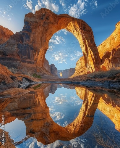  A stunning arch reflection in the crystal clear waters of rainbow bridge at arabian desert photo