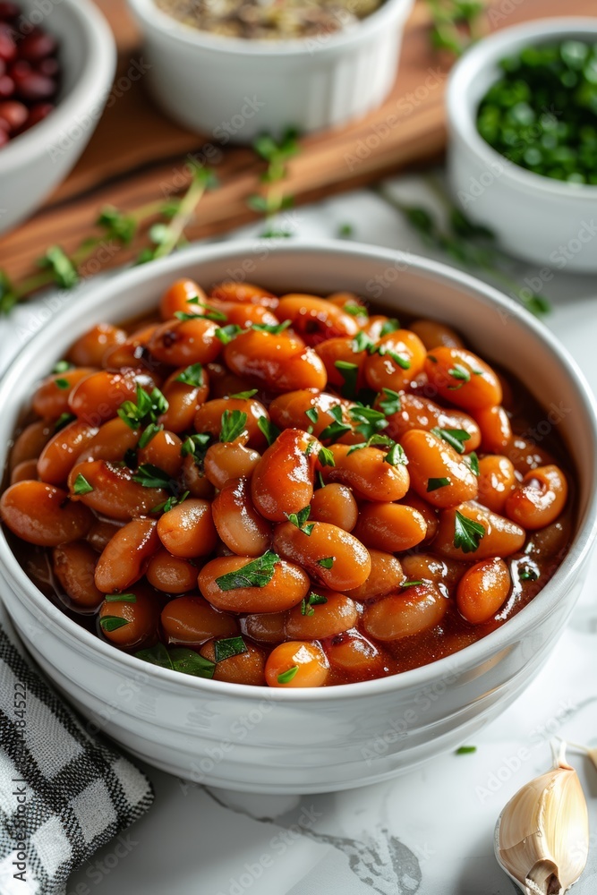 portion of beans in a small white bowl. portion of beans in a small white bowl.